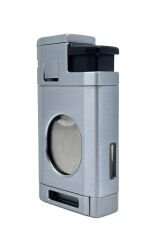 3 Pürmüz Alevli Metal Puro Çakmağı – Entegre Giyotin Kesicili ve Gaz Göstergeli - Gri