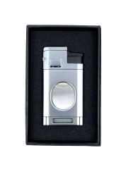 3 Pürmüz Alevli Metal Puro Çakmağı – Entegre Giyotin Kesicili ve Gaz Göstergeli - Gri