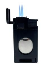 3 Pürmüz Alevli Metal Puro Çakmağı – Entegre Giyotin Kesicili ve Gaz Göstergeli - Siyah