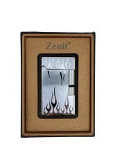 Zenit Metal Alev Desenli Pürmüz Alevli Çakmak - Gümüş Gri (Özel Kutulu)