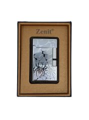 Zenit Metal Örümcek Desenli Pürmüz Alevli Çakmak - Gümüş Gri (Özel Kutulu)