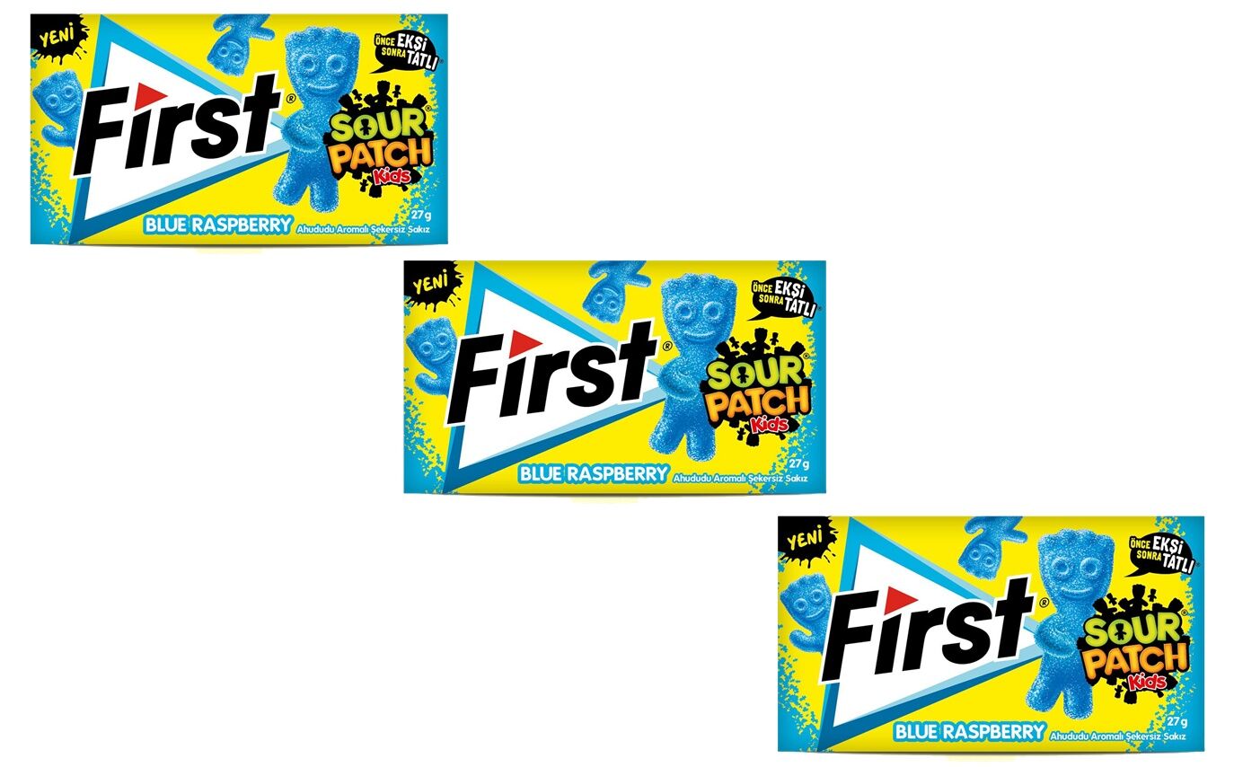 FIRSTFirst Sour Patch Kids Blue Raspberry Ahududu Aromalı Şekersiz Sakız 27 g - 3'lü Paket