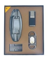 Cohiba Çakmak Küllük Kesici Sehpa Dörtlü Puro Seti - Siyah/Antrasit