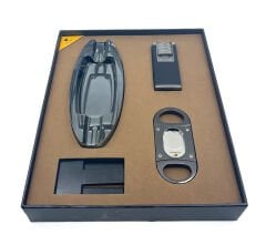 Cohiba Çakmak Küllük Kesici Sehpa Dörtlü Puro Seti - Siyah/Antrasit