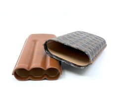 Parmida Deri Puro Kılıfı/Seyahat Humidoru Üçlü - Kahverengi (Desenli)