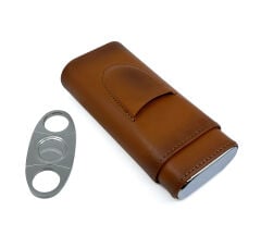 FireBird Deri Puro Kılıfı/Seyahat Humidoru ve Puro Kesici Set - Kahverengi