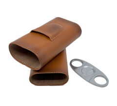 FireBird Deri Puro Kılıfı/Seyahat Humidoru ve Puro Kesici Set - Kahverengi