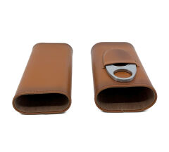 FireBird Deri Puro Kılıfı/Seyahat Humidoru ve Puro Kesici Set - Kahverengi