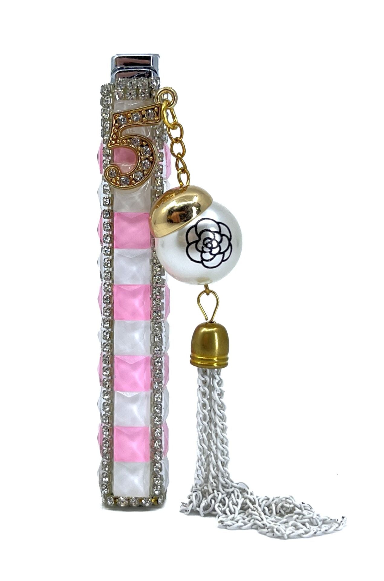 Zenit Taşlı & Charm Detaylı Özel Tasarım Çakmak - Pembe/Beyaz Damalı