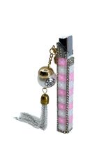 Zenit Taşlı & Charm Detaylı Özel Tasarım Çakmak - Pembe/Beyaz Damalı