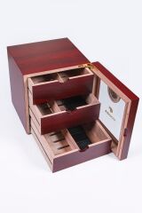 Cohiba Humidor / Üç Katlı Puro Saklama Kutusu - Kiraz Rengi