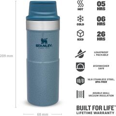 İnce Gövde Classic Trigger-Action Travel Mug 0,35 Litre(12 Oz) - Stanley Klasik Tek El Termos Bardak - Hammertone Ice