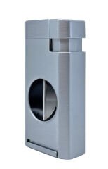 Gümüş Gri Çift Pürmüz Alevli Puro Çakmağı – Entegre Giyotin Kesicili & Gaz Pencereli