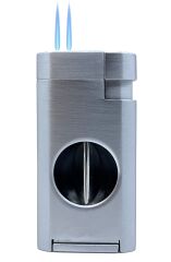 Gümüş Gri Çift Pürmüz Alevli Puro Çakmağı – Entegre Giyotin Kesicili & Gaz Pencereli