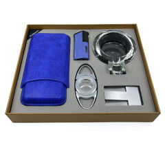 Parmida Royal Blue Beşli Puro Seti - Puro Kılıfı, Çakmak, Kesici, Sehpa, Küllük - Mavi