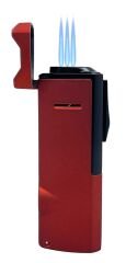 Metal Gövde Üçlü Meşale Alevli Pürmüz Çakmak - Ayarlanabilir Gaz Mekanizmalı - Mat Kırmızı