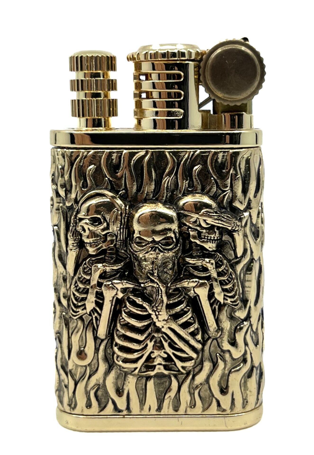 Chief Retro Gold Üç İskelet Kabartmalı Metal Çakmak - Koleksiyonluk Seri