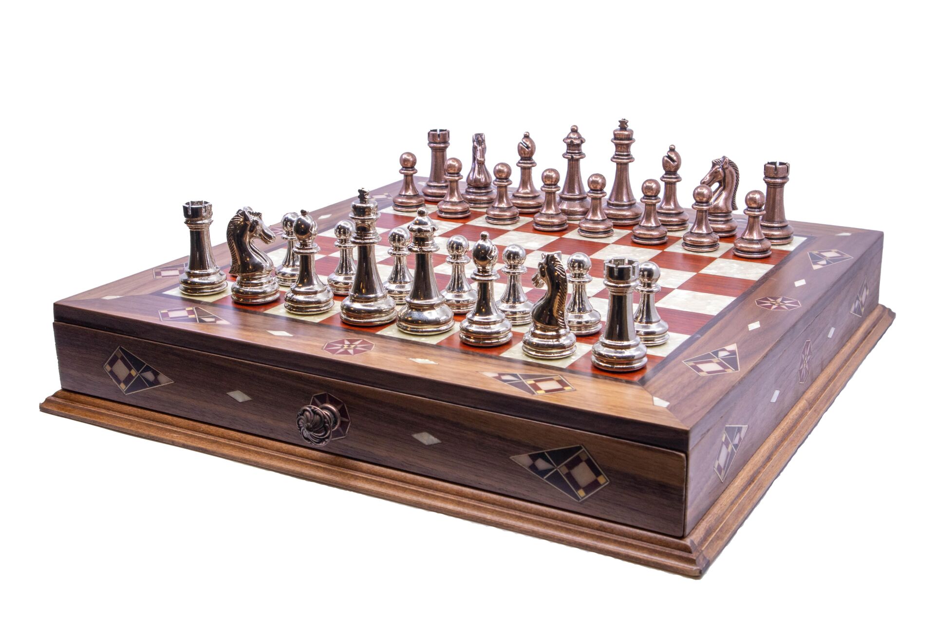 Ceviz Ağacı Gerçek Sedef Kakma Masif Ahşap Çekmeceli Satranç Takımı