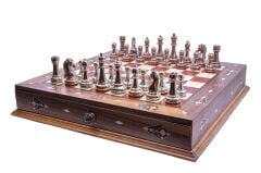 Ceviz Ağacı Gerçek Sedef Kakma Masif Ahşap Çekmeceli Satranç Takımı