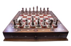 Ceviz Ağacı Gerçek Sedef Kakma Masif Ahşap Çekmeceli Satranç Takımı