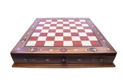 Ceviz Ağacı Gerçek Sedef Kakma Masif Ahşap Çekmeceli Satranç Takımı