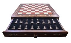 Ceviz Ağacı Gerçek Sedef Kakma Masif Ahşap Çekmeceli Satranç Takımı