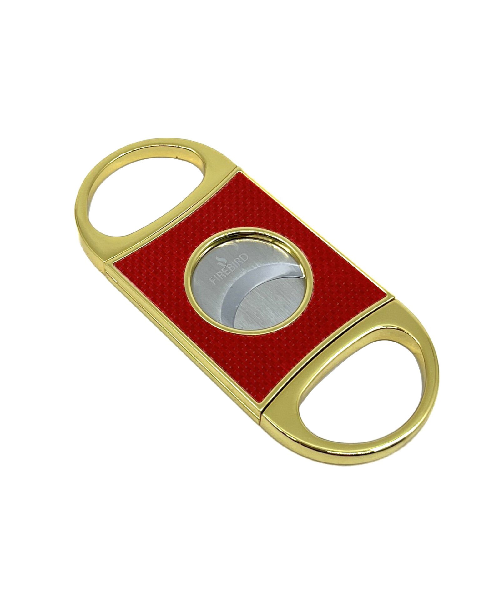 Firebird Altın Sarısı Kırmızı Karbon Fiber Desenli Giyotin Puro Kesici - Çift Bıçaklı Paslanmaz Çelik