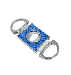 Firebird Gümüş Renk Mavi Karbon Fiber Desenli Giyotin Puro Kesici - Çift Bıçaklı Paslanmaz Çelik