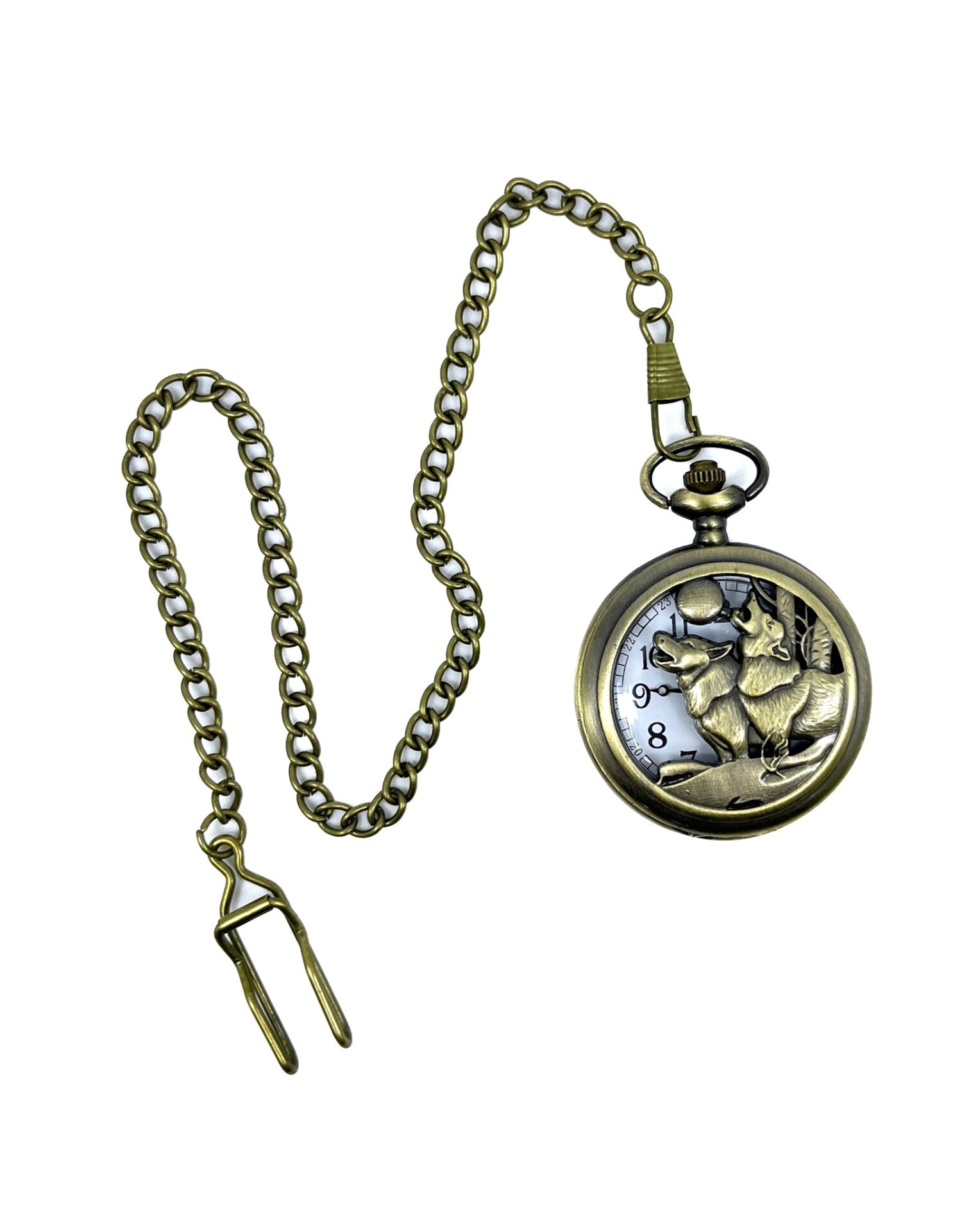 Hediyelik Retro Kurt Temalı Köstekli Pirinç Cep Saati (Zincir Dahil)