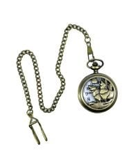 Hediyelik Retro Kurt Temalı Köstekli Pirinç Cep Saati (Zincir Dahil)