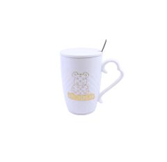 Porselen Kapaklı Ayıcık Desenli Porselen Kupa Bardak Beyaz