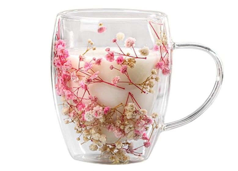 Kurutulmuş Çiçekler Çift Duvarlı Cam Bardak 350ml Çift Duvarlı Cam Çiçek, Kuru Çiçekli Kahve Bardağı