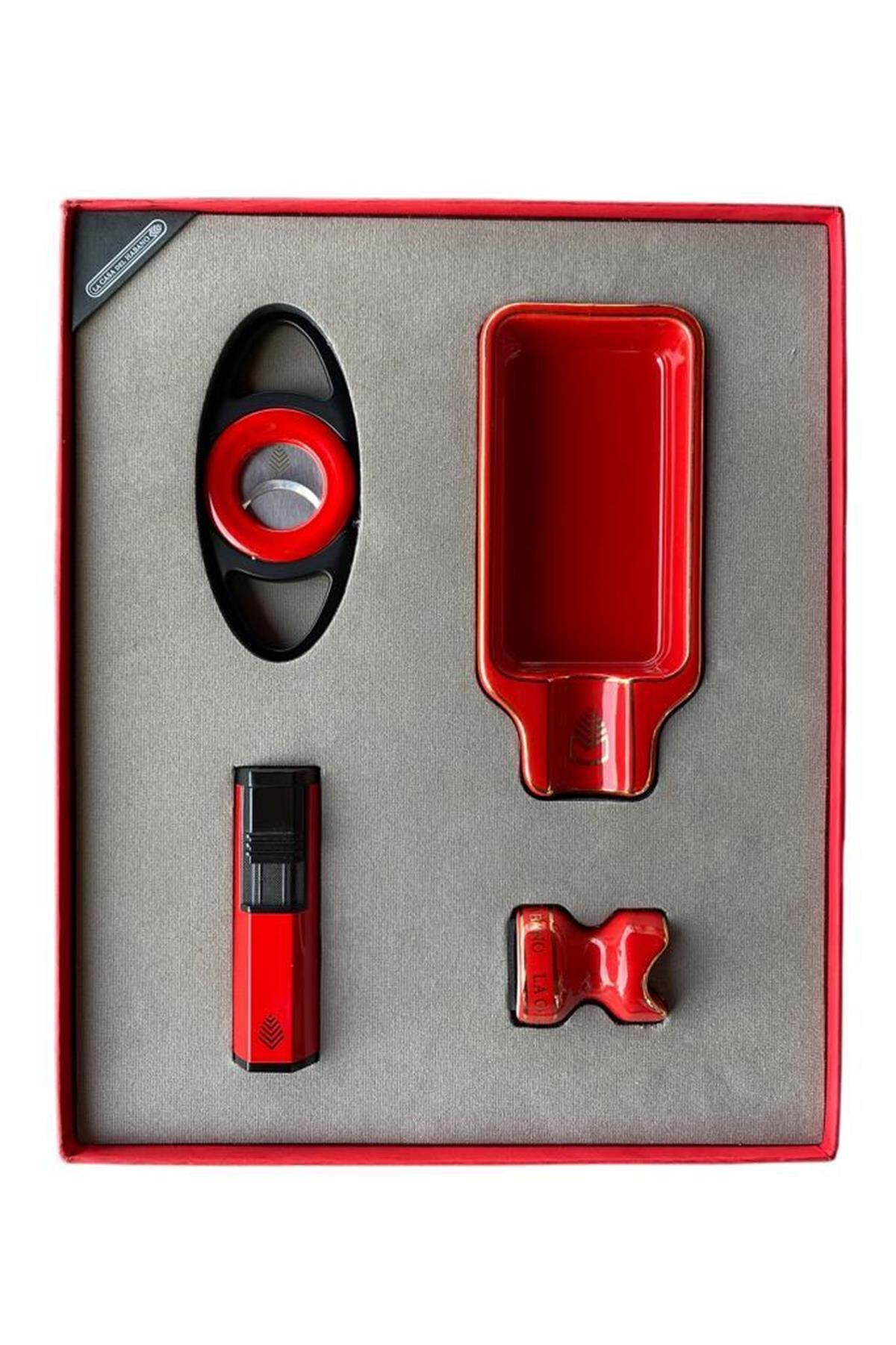 La Casa Del Habano Çakmak Küllük Kesici Sehpa Dörtlü Puro Seti - Kırmızı