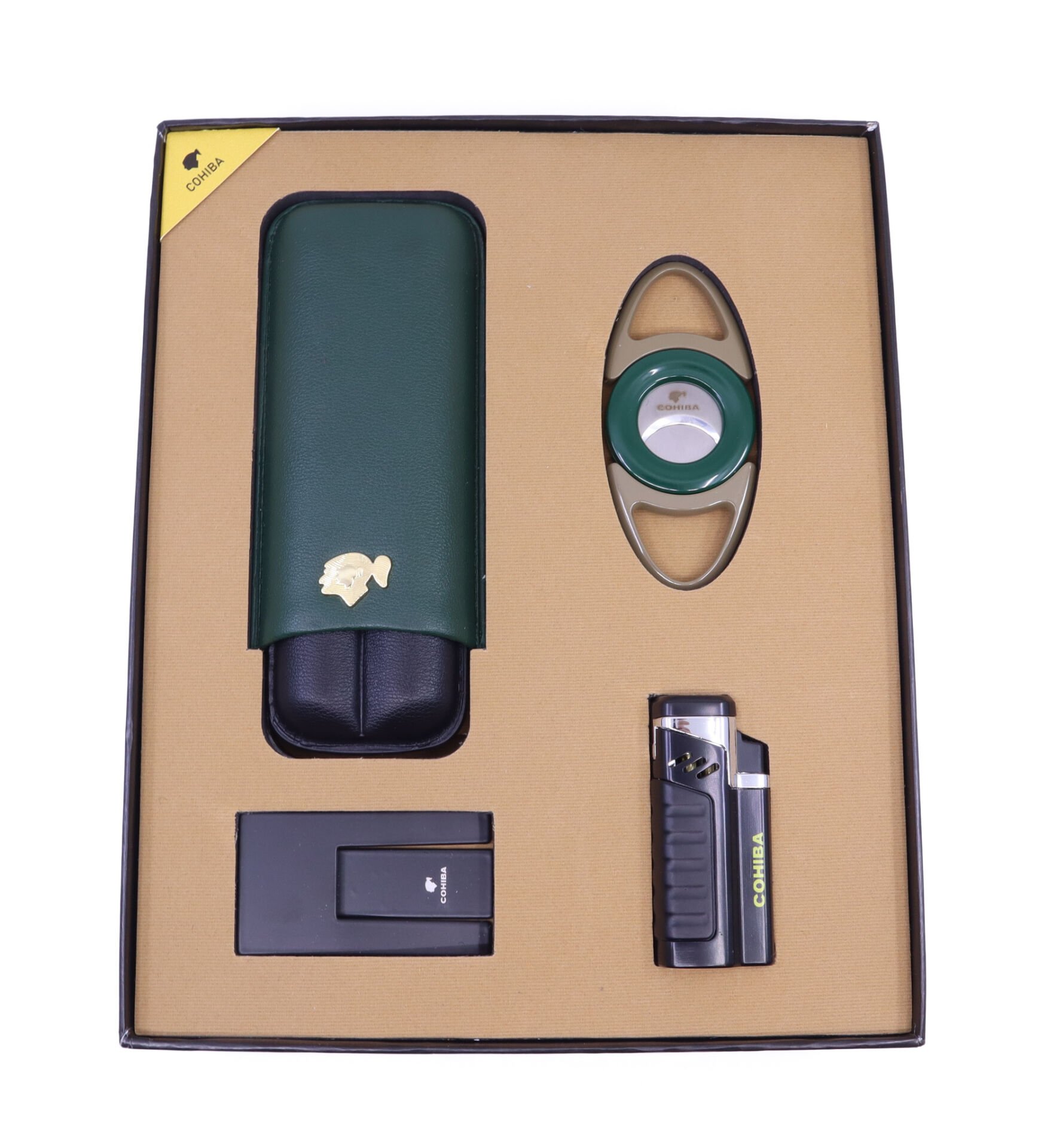 Çakmak Kılıf Kesici Sehpa Dörtlü Puro Seti - Yeşil/Siyah/Kahverengi