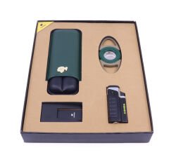 Çakmak Kılıf Kesici Sehpa Dörtlü Puro Seti - Yeşil/Siyah/Kahverengi