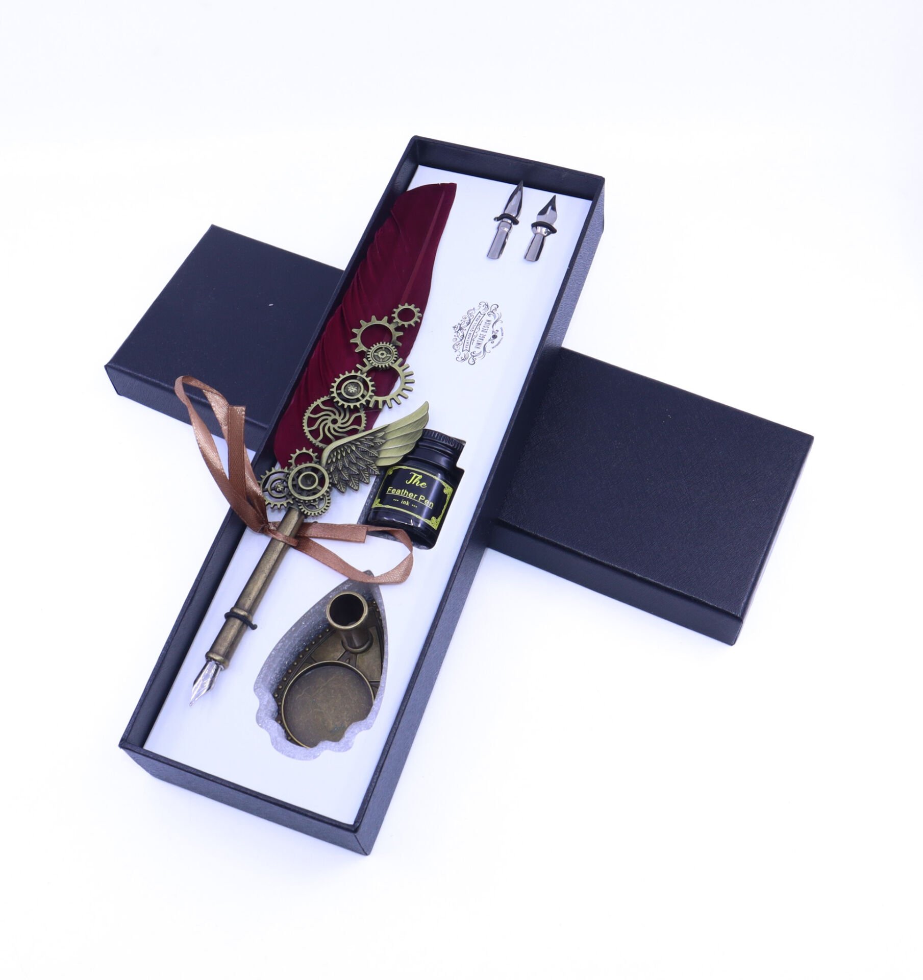 Hediyelik Divit Hokka Seti Orjinal Kuş Tüylü Kutulu Kalem Seti - Kırmızı