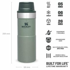 İnce Gövde Classic Trigger-Action Travel Mug 0,35 Litre(12 Oz) - Stanley Klasik Tek El Termos Bardak - Hammertone Green