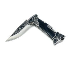 Boz Ayı ve Geyik Gravür İşleme Özel Kılıfıyla Avcı Çakı - Siyah