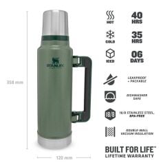 Stanley Klasik Vakumlu Paslanmaz Çelik Termos 1.4 LT The Legendary Classic Bottle 1.4L - Hammertone Green
