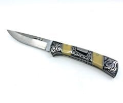 Reçine Kabzeli Kaplan İşlemeli Katlanabilir Çakı - Krem