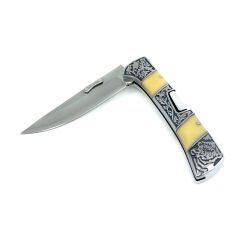 Reçine Kabzeli Kaplan İşlemeli Katlanabilir Çakı - Krem