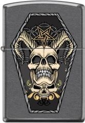 Zippo Horned Skull and Inverted Pentagram in Coffin - Classic Gray Dizayn Çakmak