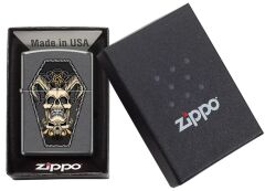Zippo Horned Skull and Inverted Pentagram in Coffin - Classic Gray Dizayn Çakmak