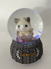 Lucky Cat - Şanslı Kedi Işıklı ve Müzikli Kar Küresi