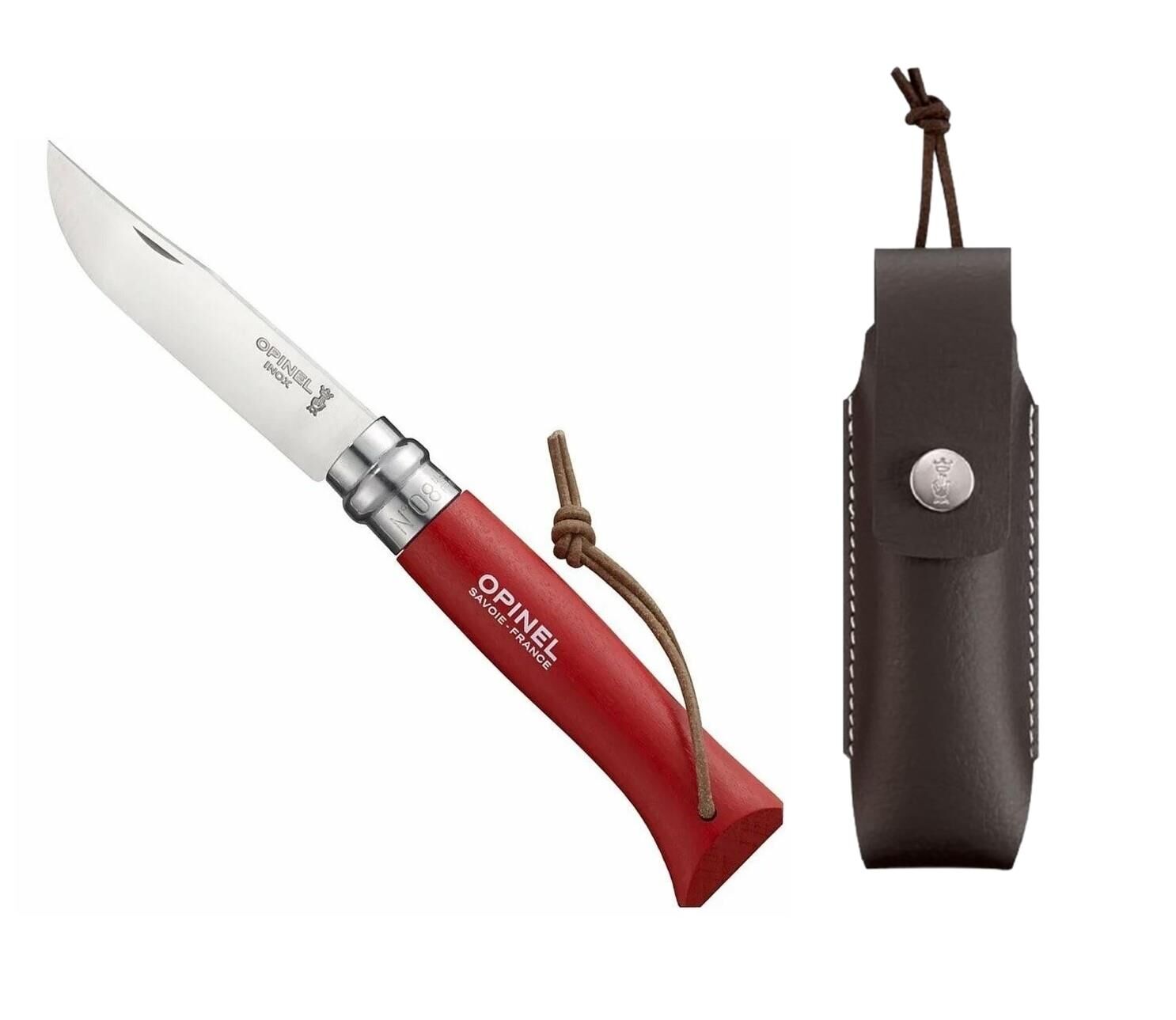 Opinel No 08 Paslanmaz Çelik Trekking Çakı + Kılıf Set - Kırmızı