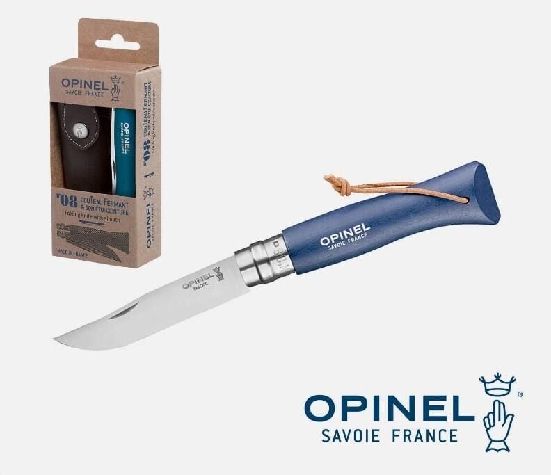 Opinel No 08 Paslanmaz Çelik Trekking Çakı + Kılıf Set - Mavi
