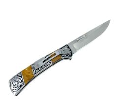 Kaplan İşlemeli Paslanmaz Çelik Katlanabilir Av Bıçağı Zeytin Ağacı Sap 21,5 cm