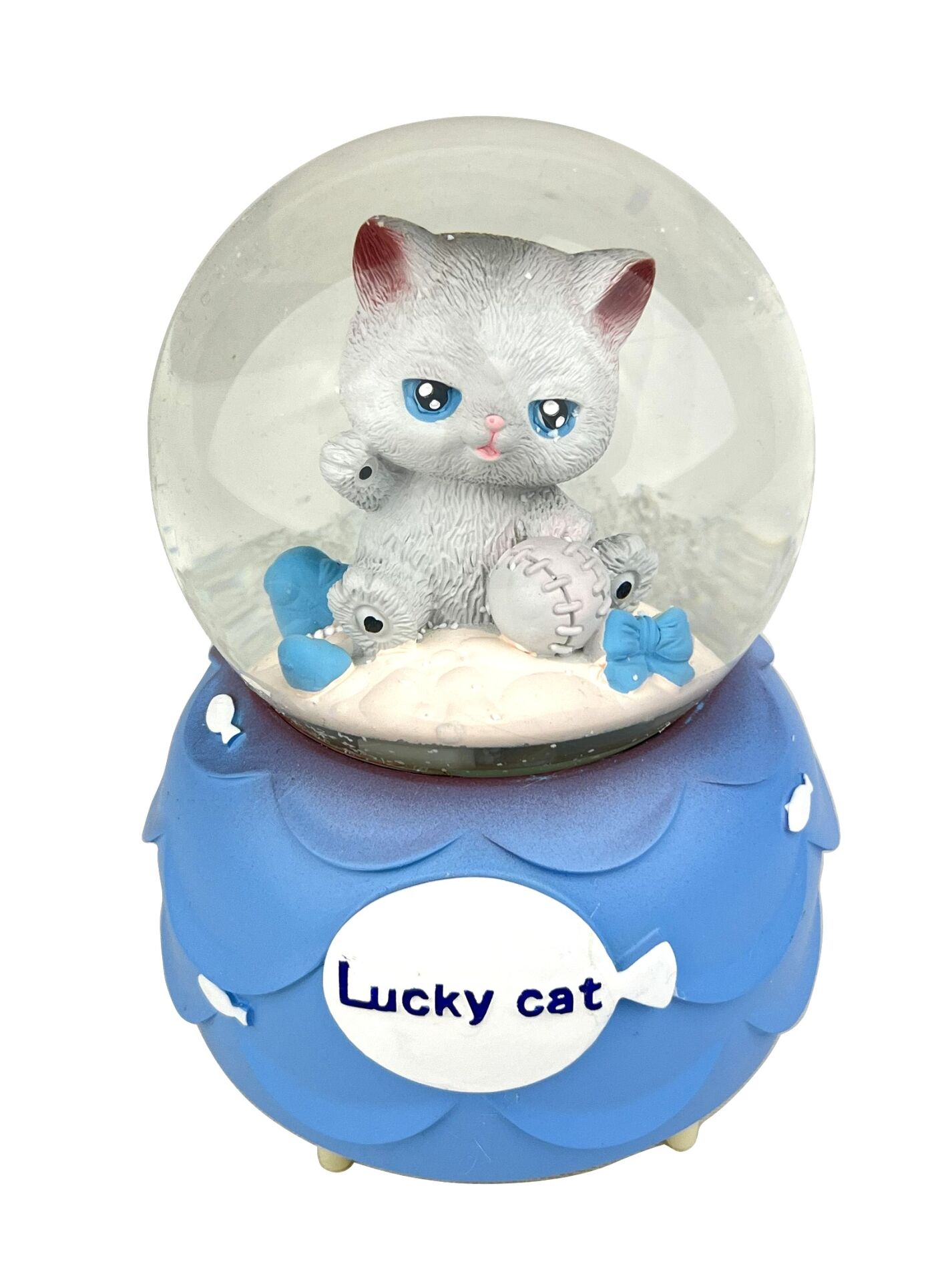 Lucky Cat - Şanslı Kedi Işıklı ve Müzikli Kar Küresi Mavi