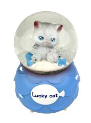 Lucky Cat - Şanslı Kedi Işıklı ve Müzikli Kar Küresi Mavi