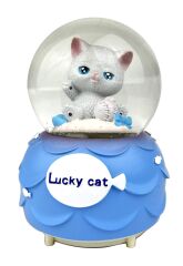 Lucky Cat - Şanslı Kedi Işıklı ve Müzikli Kar Küresi Mavi